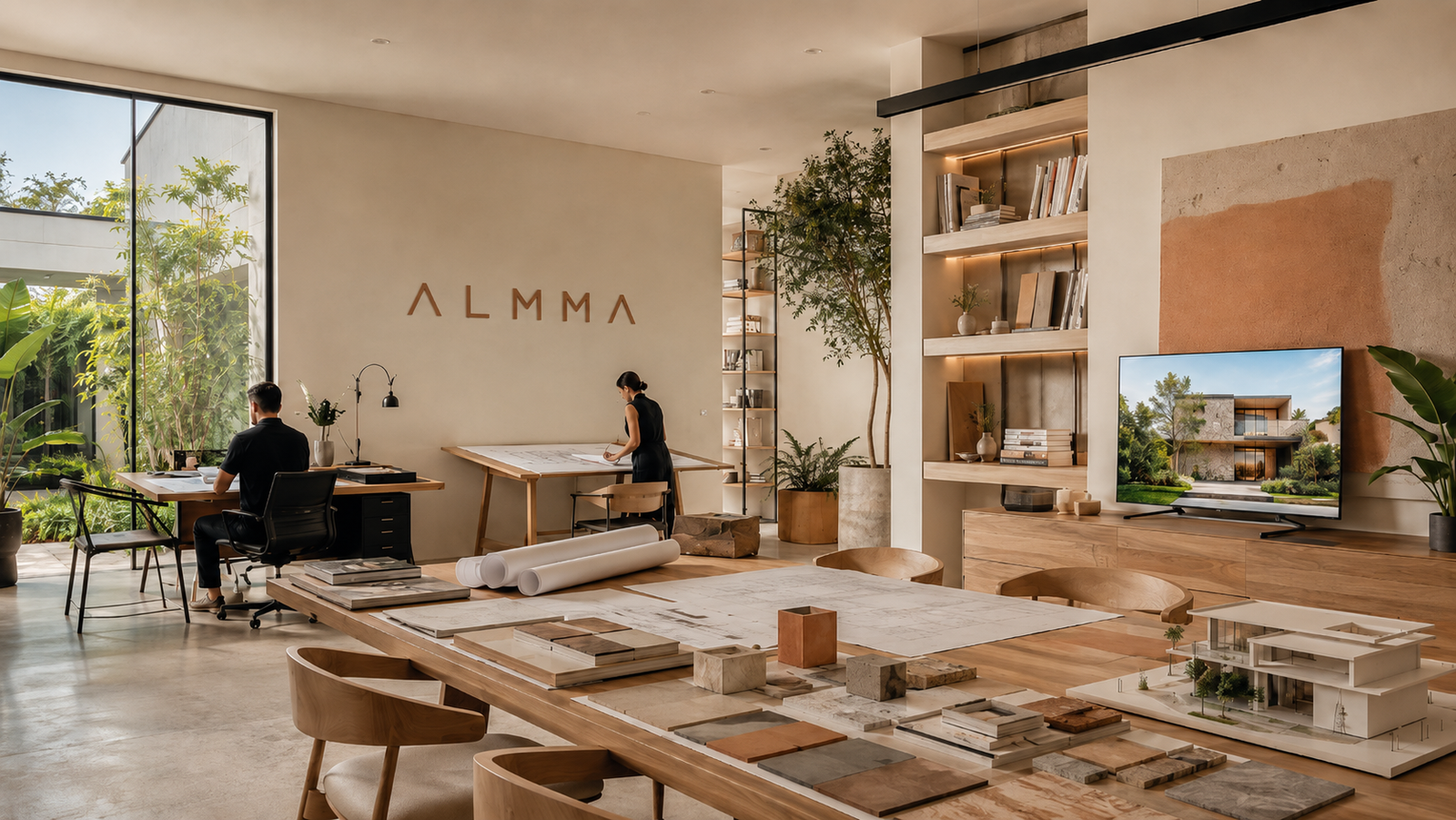 Estudio de ALMMA Arquitectura con mesa de trabajo, maquetas y planos